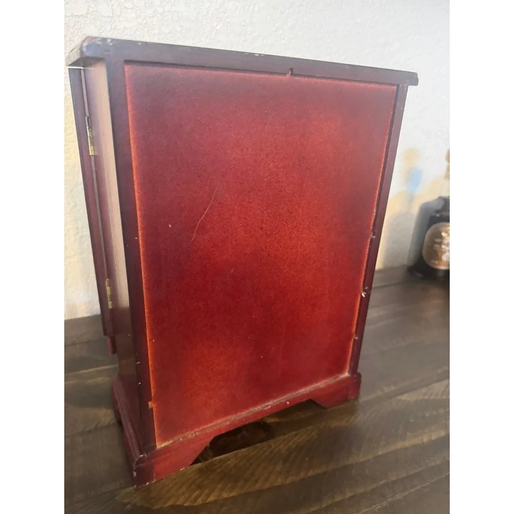 Vintage Wooden Jewelry Armoire Cherry Finish Glass Doors Necklace Carousel Box